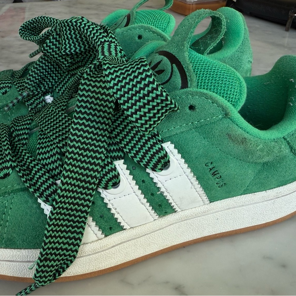 adidas Campus Green Suede Sneakers with White Stripes and Gum Sole - Picture 4 of 7